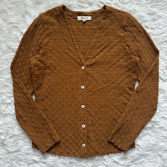 Madewell Top V-Neck Cardigan in Checkerboard Jacquard Button Front Sepia XS - Picture 2 of 12